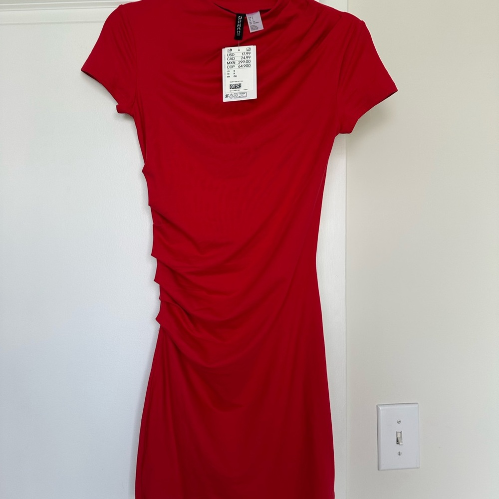 H&M Red Ruched Mini Dress
